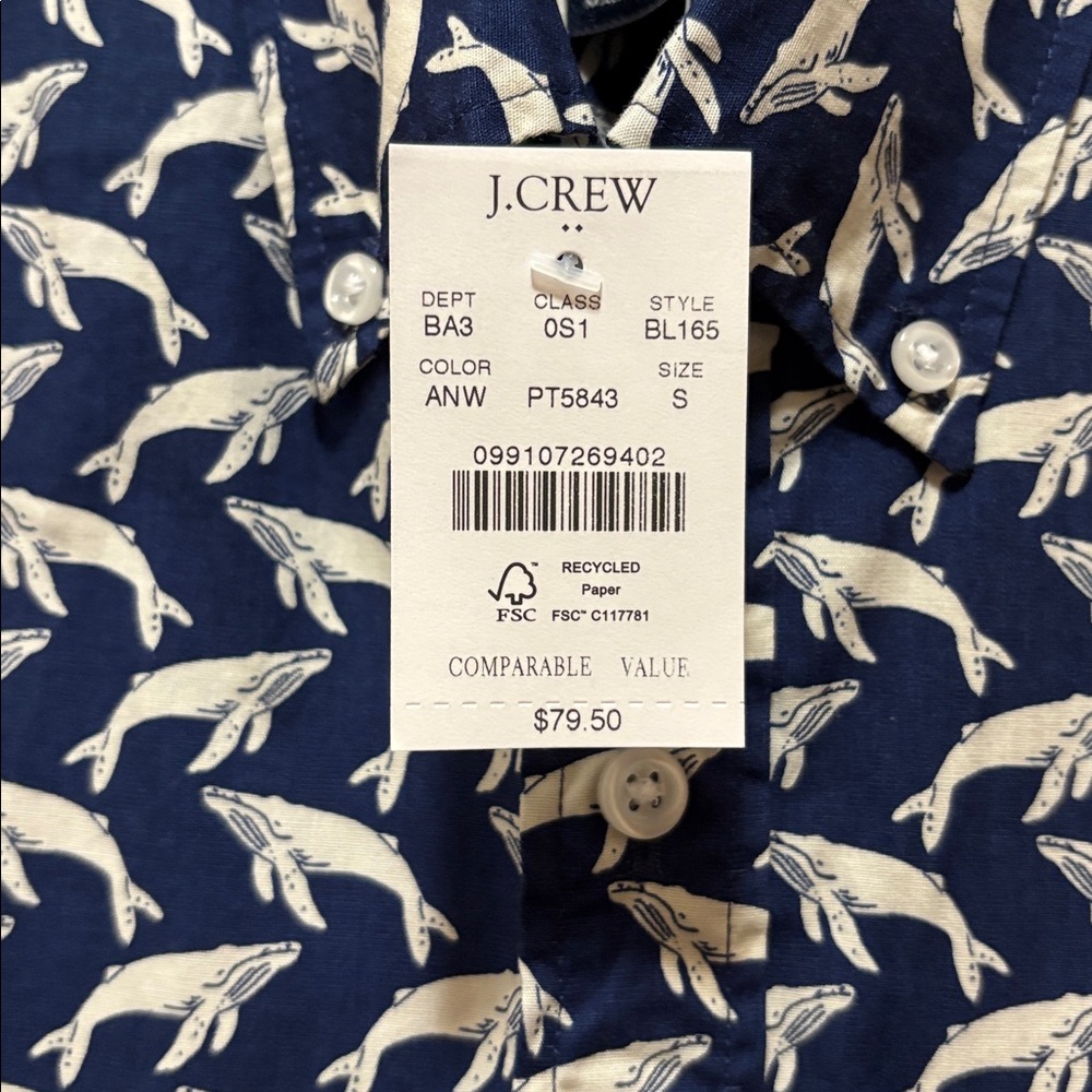 NWT J. Crew Blue and White Whale Patterned‎ Men's Dress Shirt Size Small - Picture 4 of 4